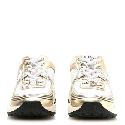 Chanel Fabric Laminated Calfskin Stretch CC Womens Sneakers 36.5 White Gold Silver 3 of 8