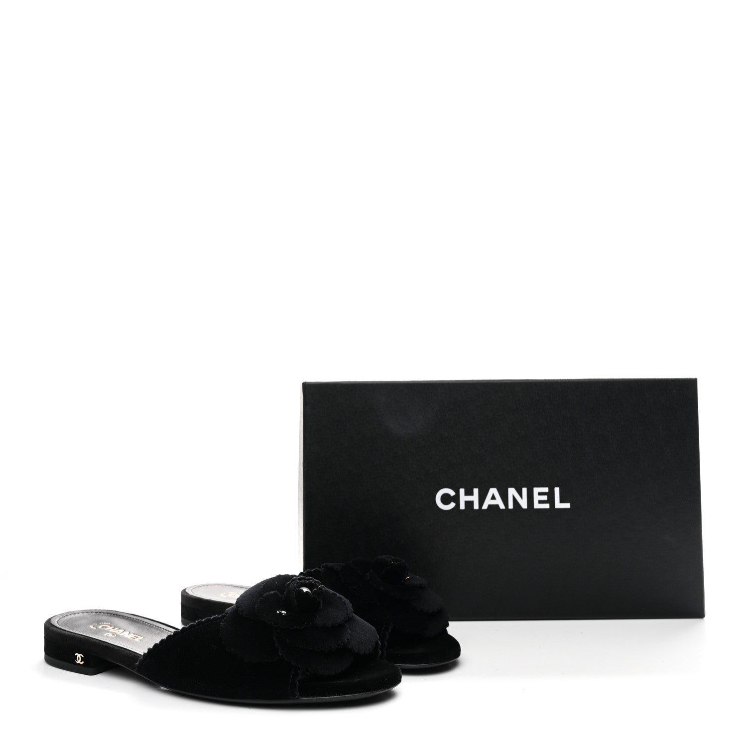 Chanel Velvet Pearl Camellia Slide Sandals 37 Black 1812462