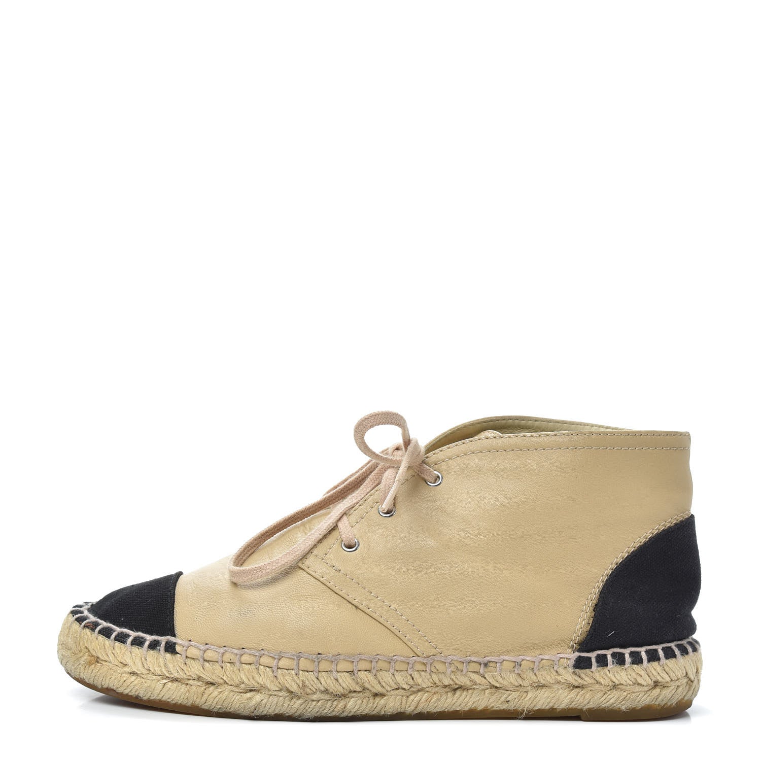 Chanel Lambskin Canvas Cap Toe Lace Up Espadrilles 38 Dark Beige Black 1 of 7