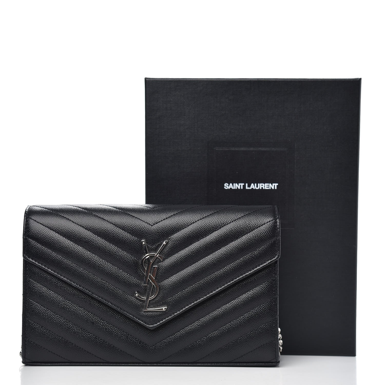 Saint Laurent Grain De Poudre Matelasse Chevron Monogram Chain Wallet Black 10 of 10