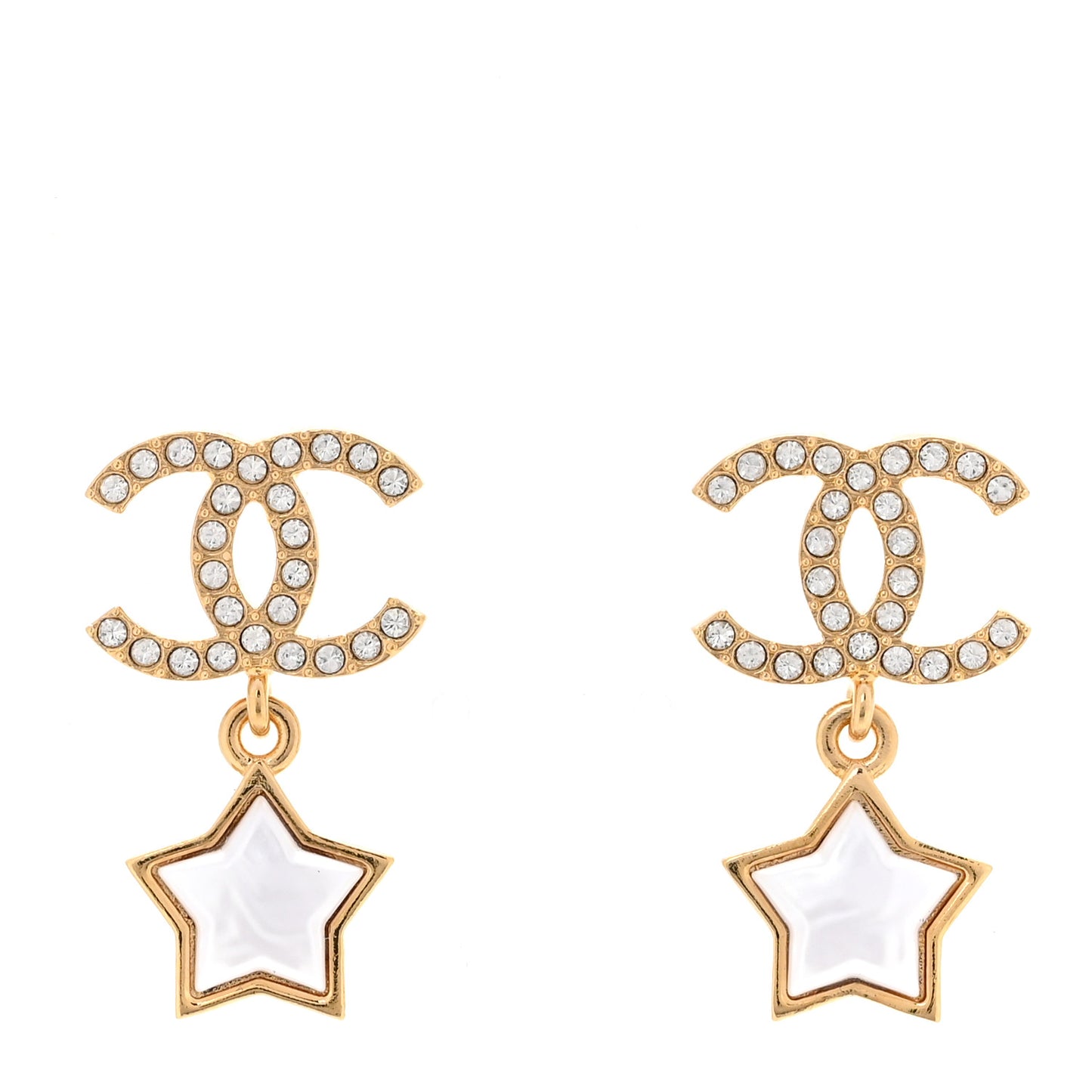Metal Crystal Pearl CC Star Drop Earrings Gold Pearly White