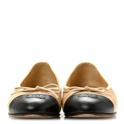 Chanel Lambskin Cap Toe CC Ballerina Flats 37.5 Beige Black 3 of 9