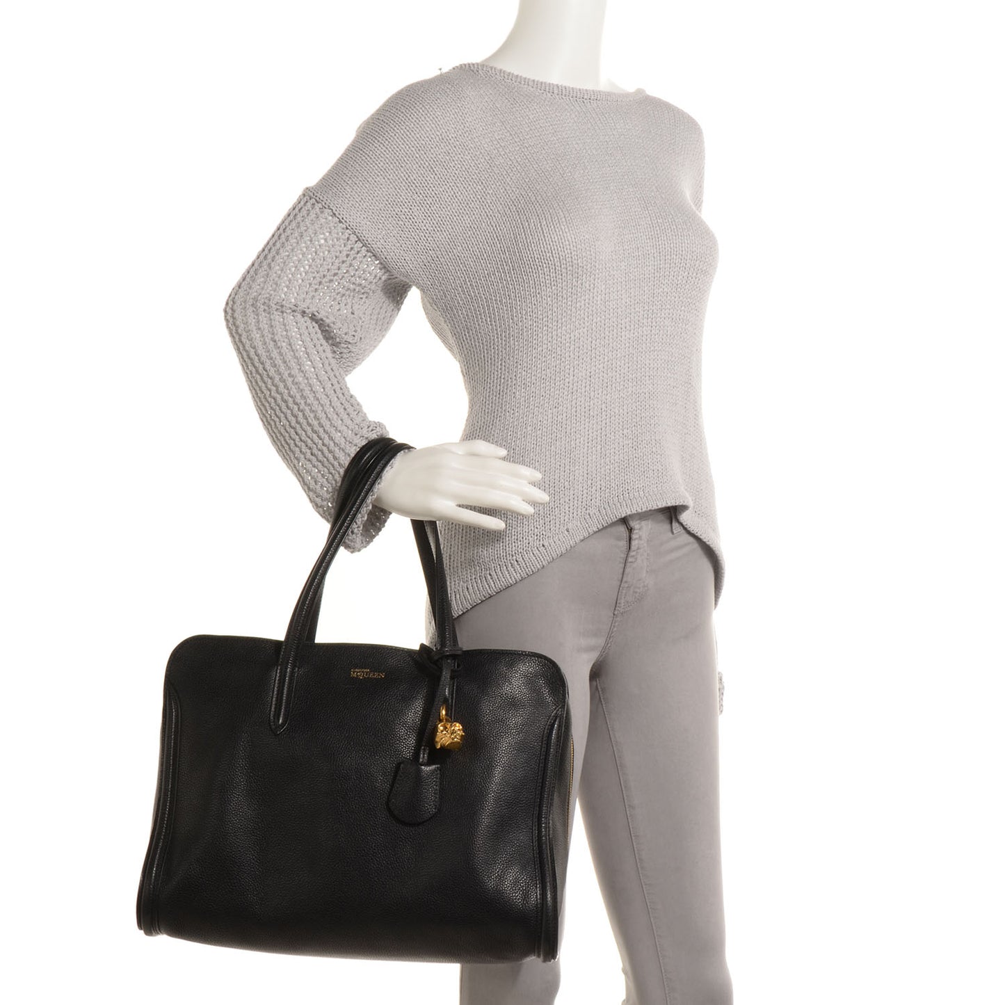 Pebbled Leather Skull Padlock Tote Black
