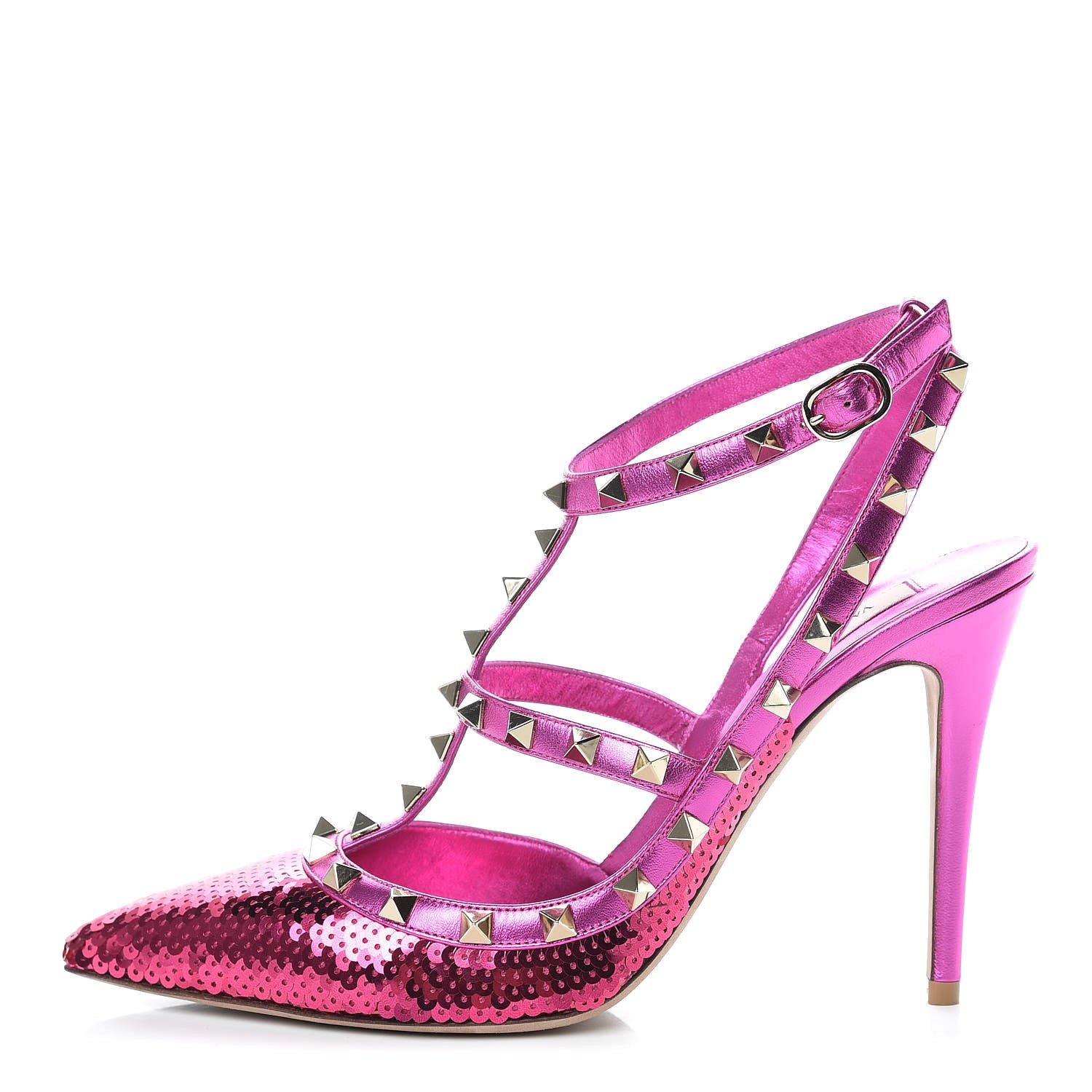 Valentino Garavani Metallic Nappa Sequin Liquid Metal Rockstud Ankle Strap Pumps 40 Pink Orchid 1 of 10