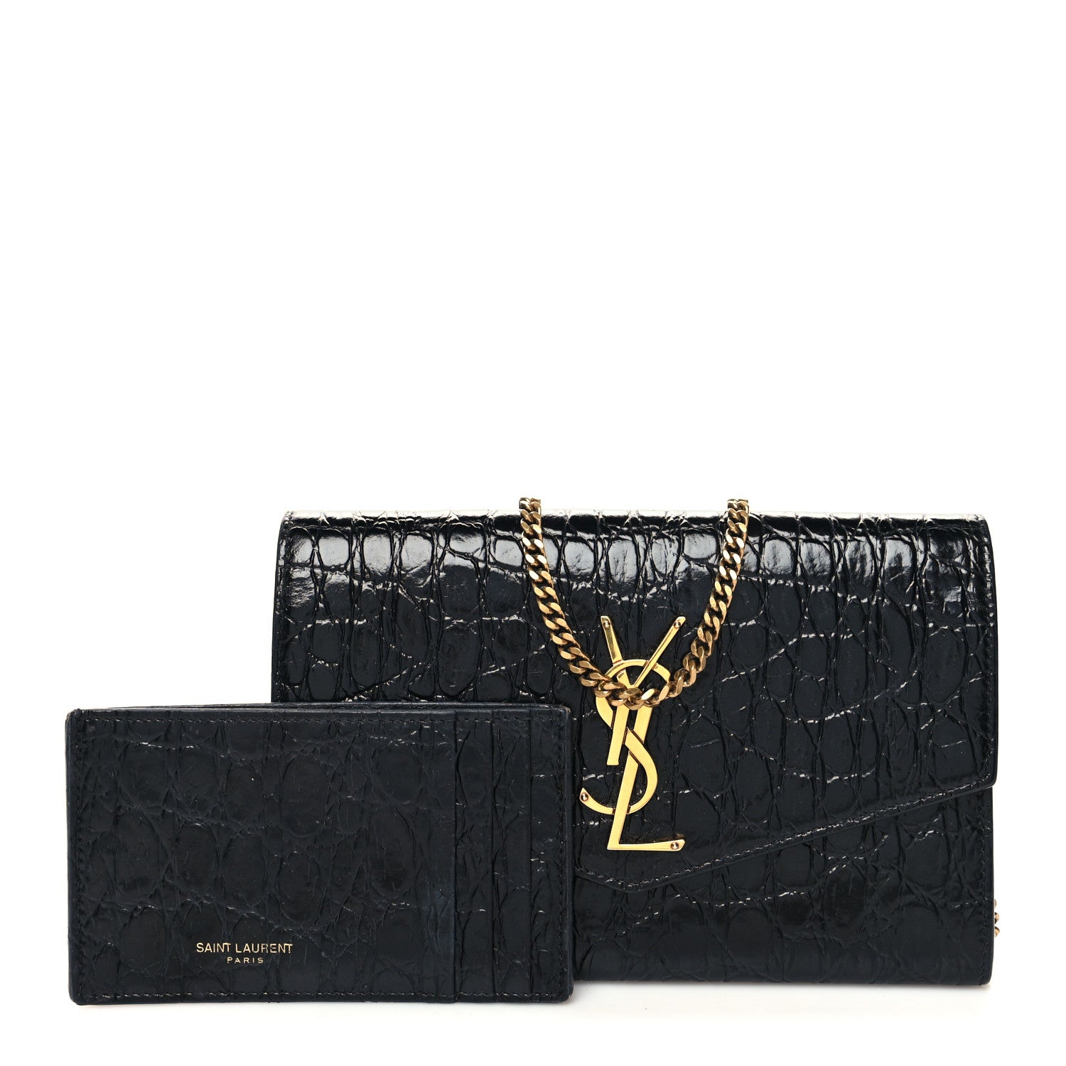 Saint Laurent Calfskin Crocodile Embossed Monogram Uptown Chain Wallet Black 1 of 11