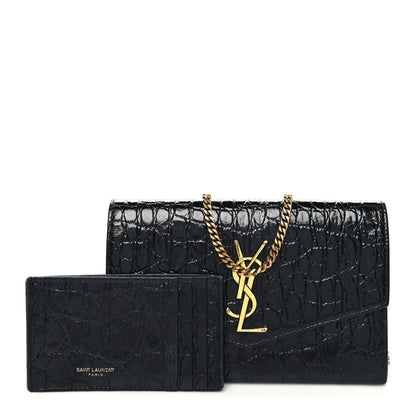 Saint Laurent Calfskin Crocodile Embossed Monogram Uptown Chain Wallet Black 1 of 11
