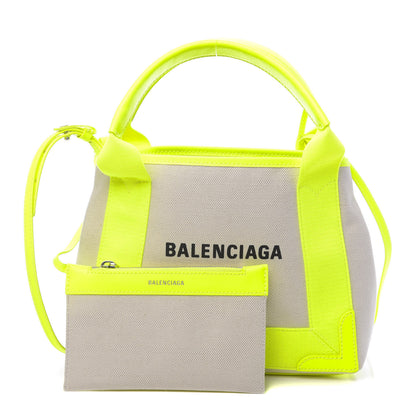 Balenciaga Cotton Canvas Satin Calfskin Navy Cabas XS Natural Fluo Yellow 1 of 10