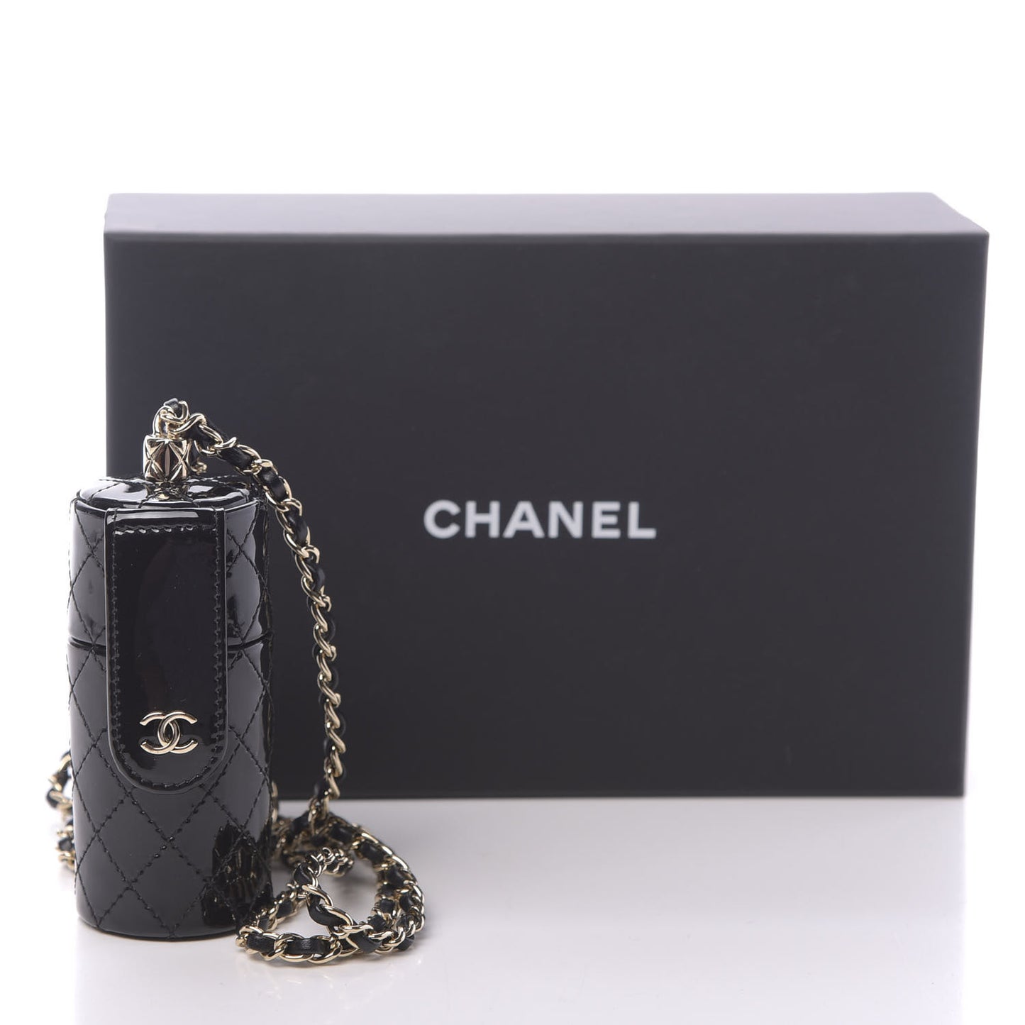 Patent Calfskin Lipstick Case On Chain Black
