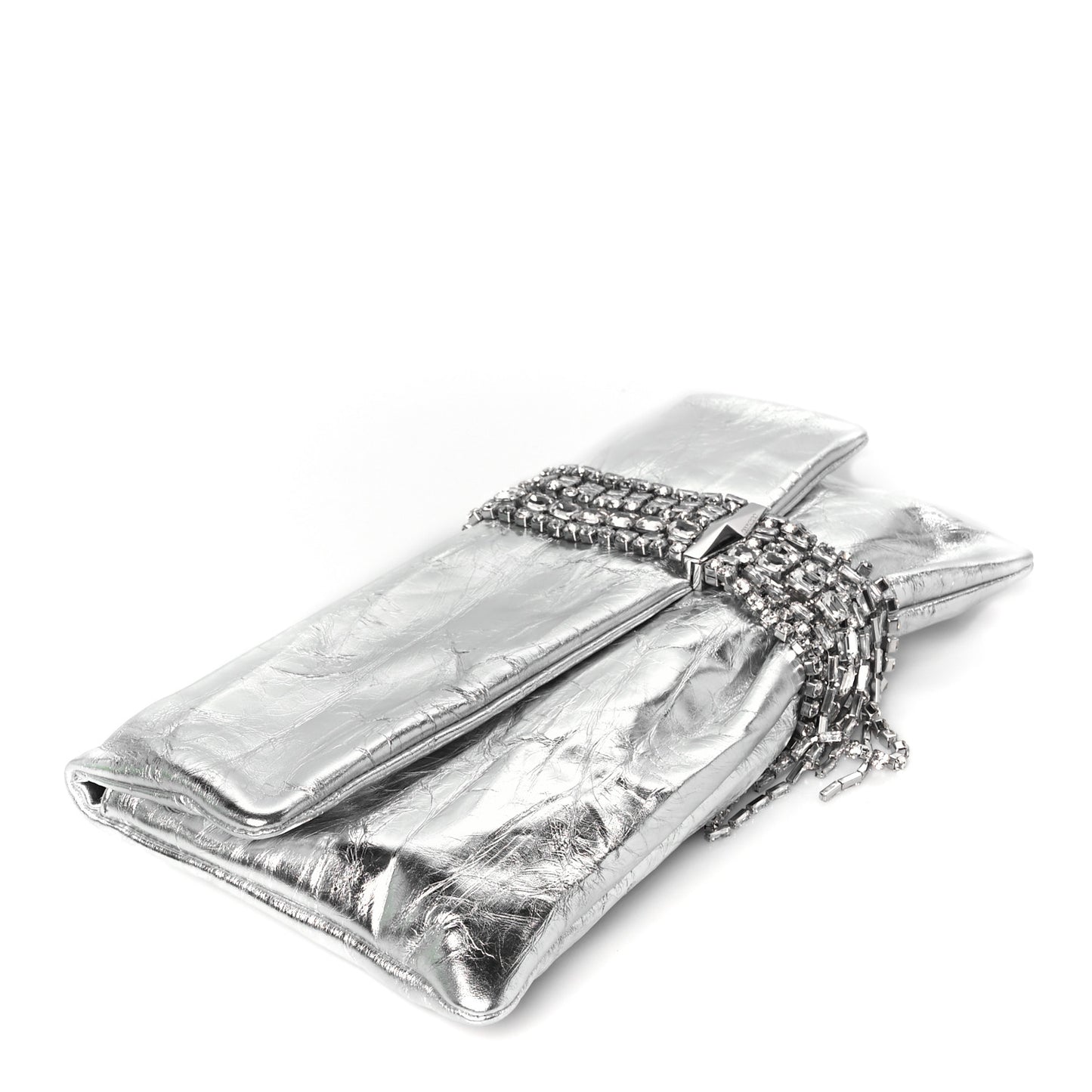 Vintage Metallic Calfskin Crystal Zandra Clutch Bag Silver
