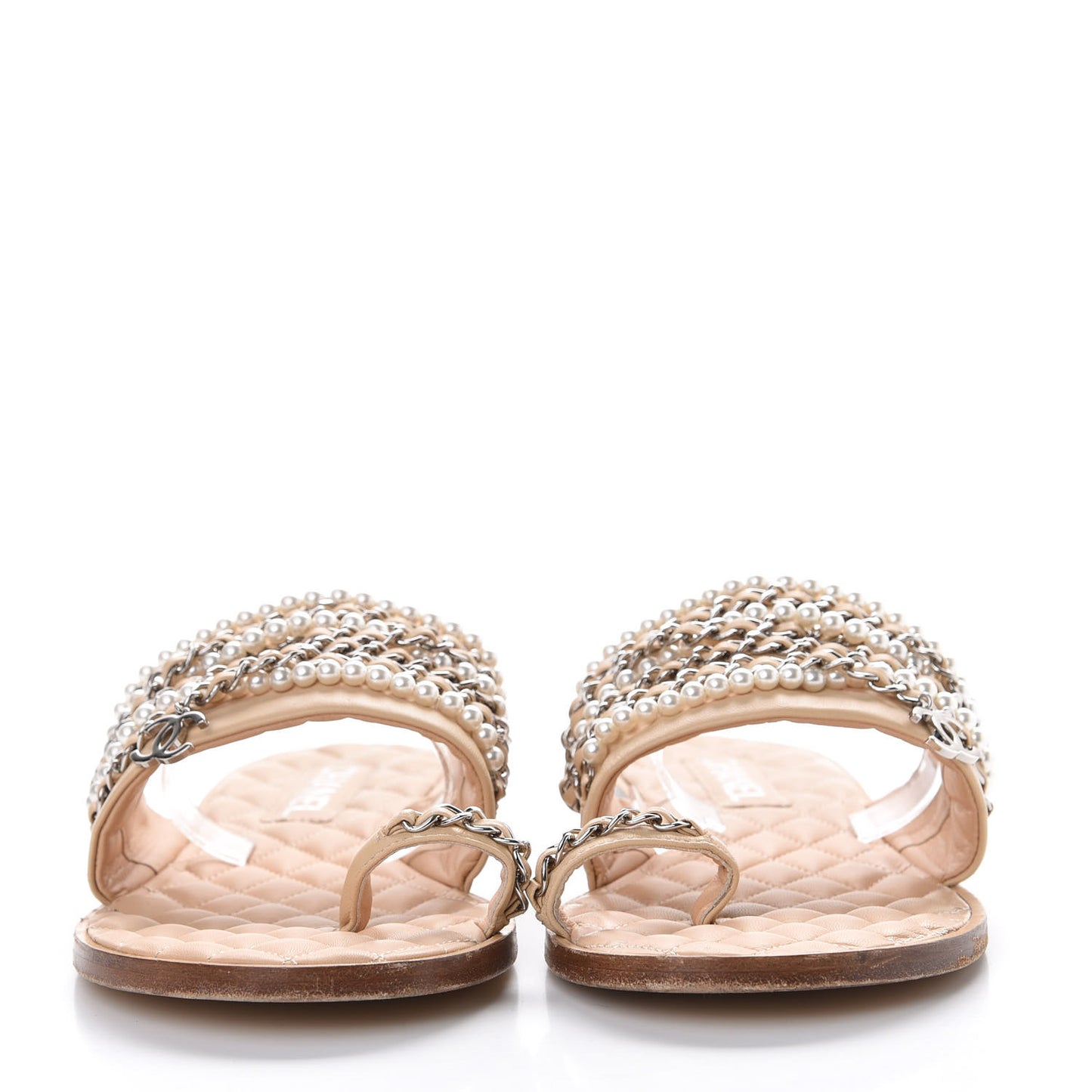 Lambskin Pearl Chain Flat Sandals 41 Beige