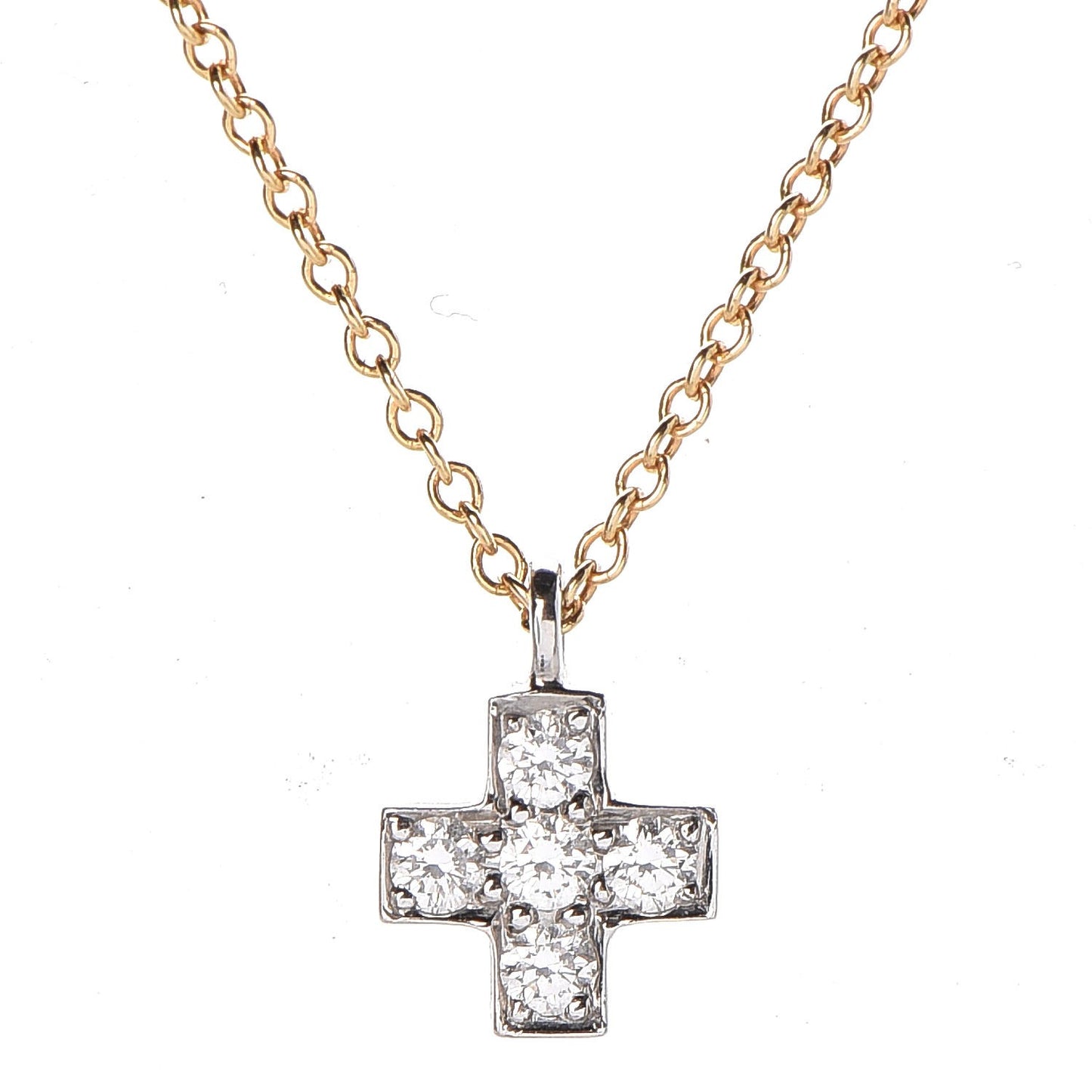 18K Yellow Gold Platinum Diamond Cruciform Cross Pendant Necklace