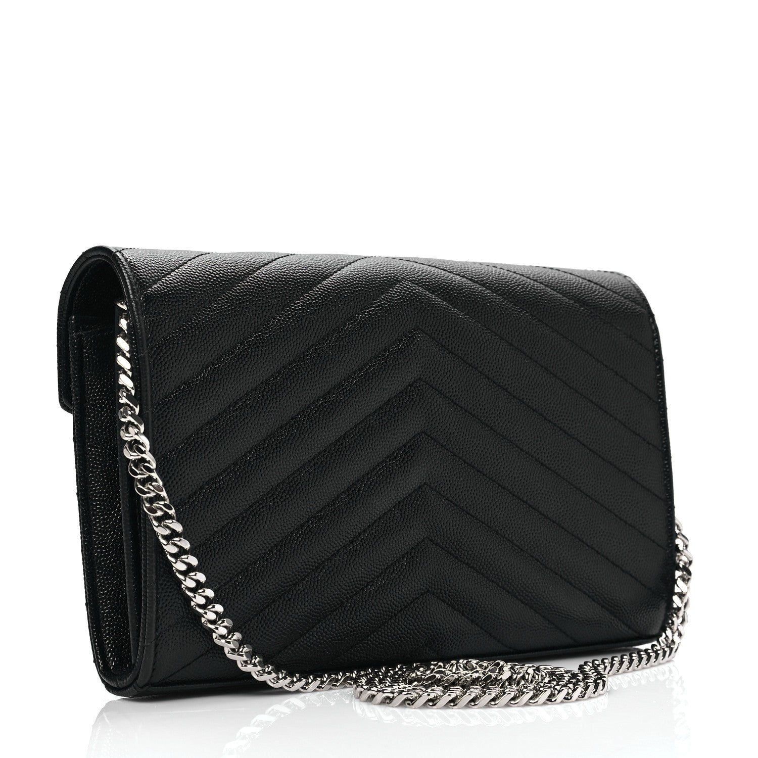 Saint Laurent Grain De Poudre Matelasse Chevron Monogram Chain Wallet Black 3 of 9