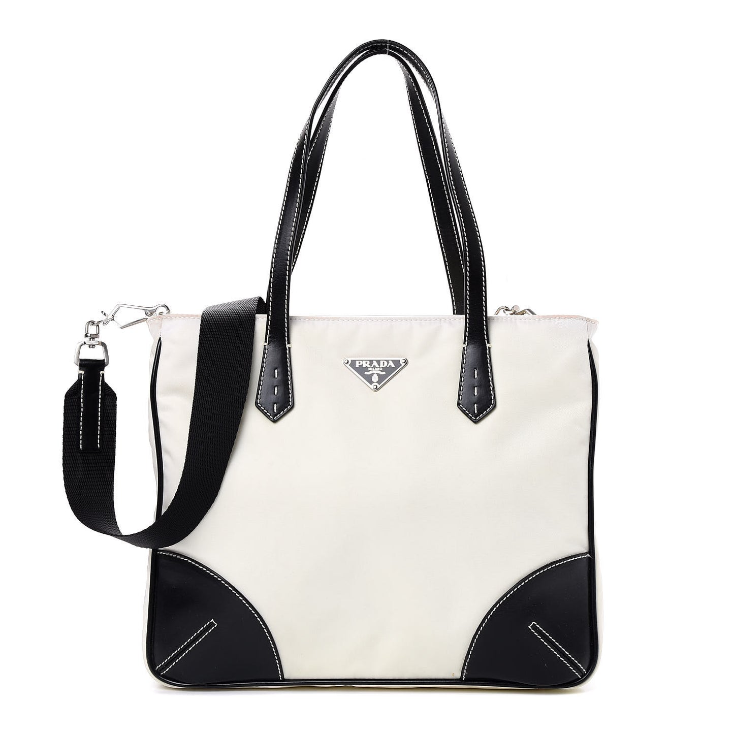 Nylon Tessuto Calfskin Tote Black White