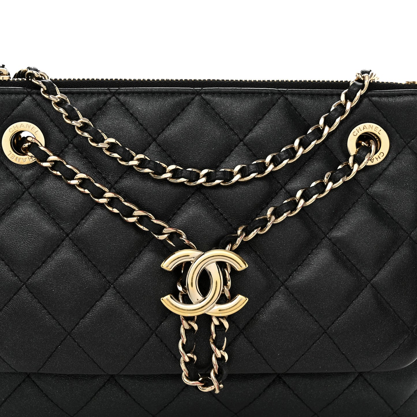 Shiny Lambskin Quilted Medium Double Case With Strap Black
