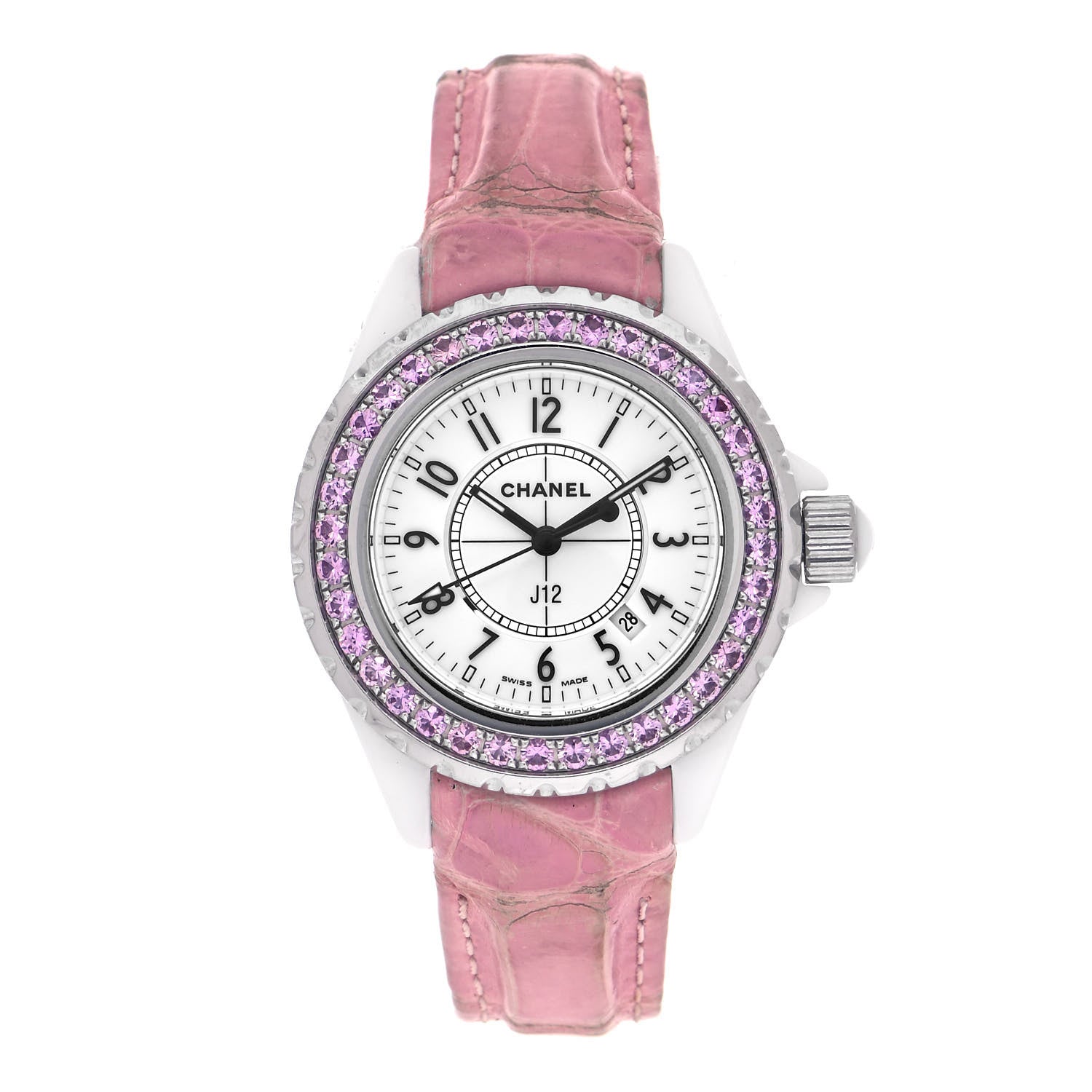 Chanel Stainless Steel Alligator Pink Sapphire 33mm J12 Quartz Watch 1 of 5