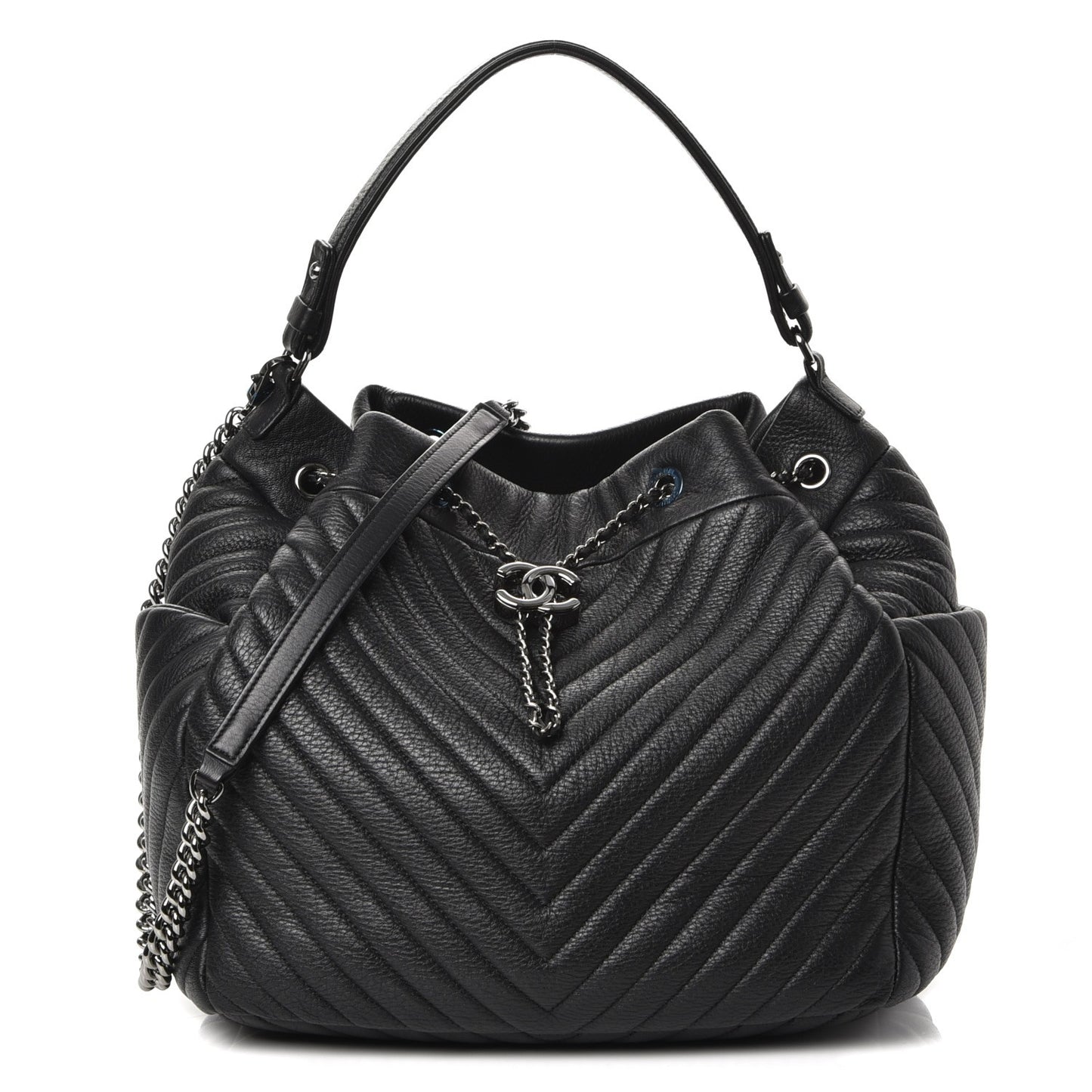 Deerskin Chevron Large CC Chain Bucket Drawstring Bag Black