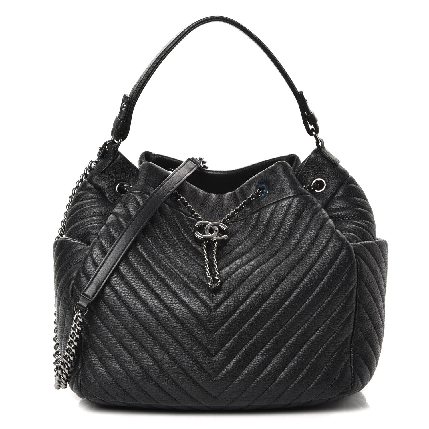 Chanel Deerskin Chevron Large CC Chain Bucket Drawstring Bag Black 1 of 8