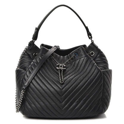 Chanel Deerskin Chevron Large CC Chain Bucket Drawstring Bag Black 1 of 8