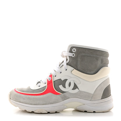 Chanel Suede Calfskin Lambskin Neoprene High Top CC Sneakers 37 White Fluo Pink Grey 1 of 8