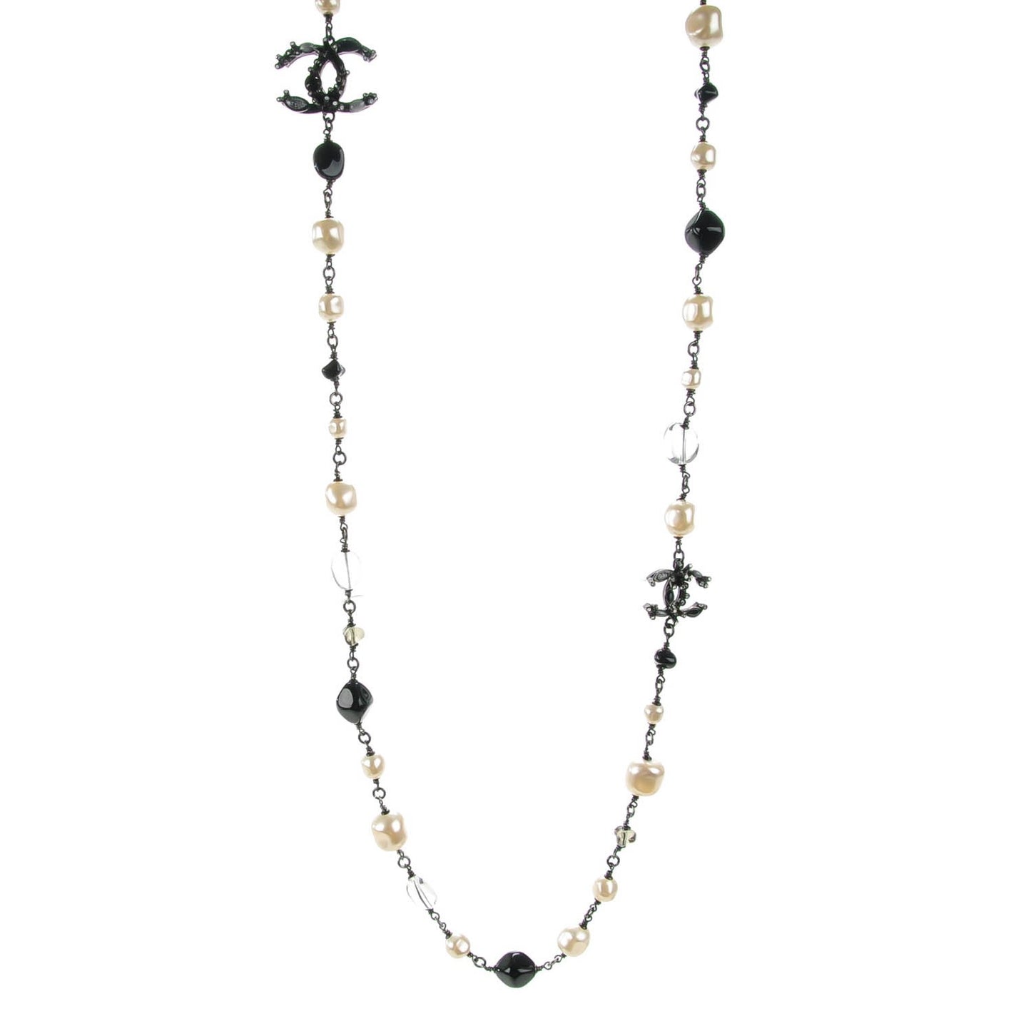 Pearl Crystal Beaded CC Long Necklace Black