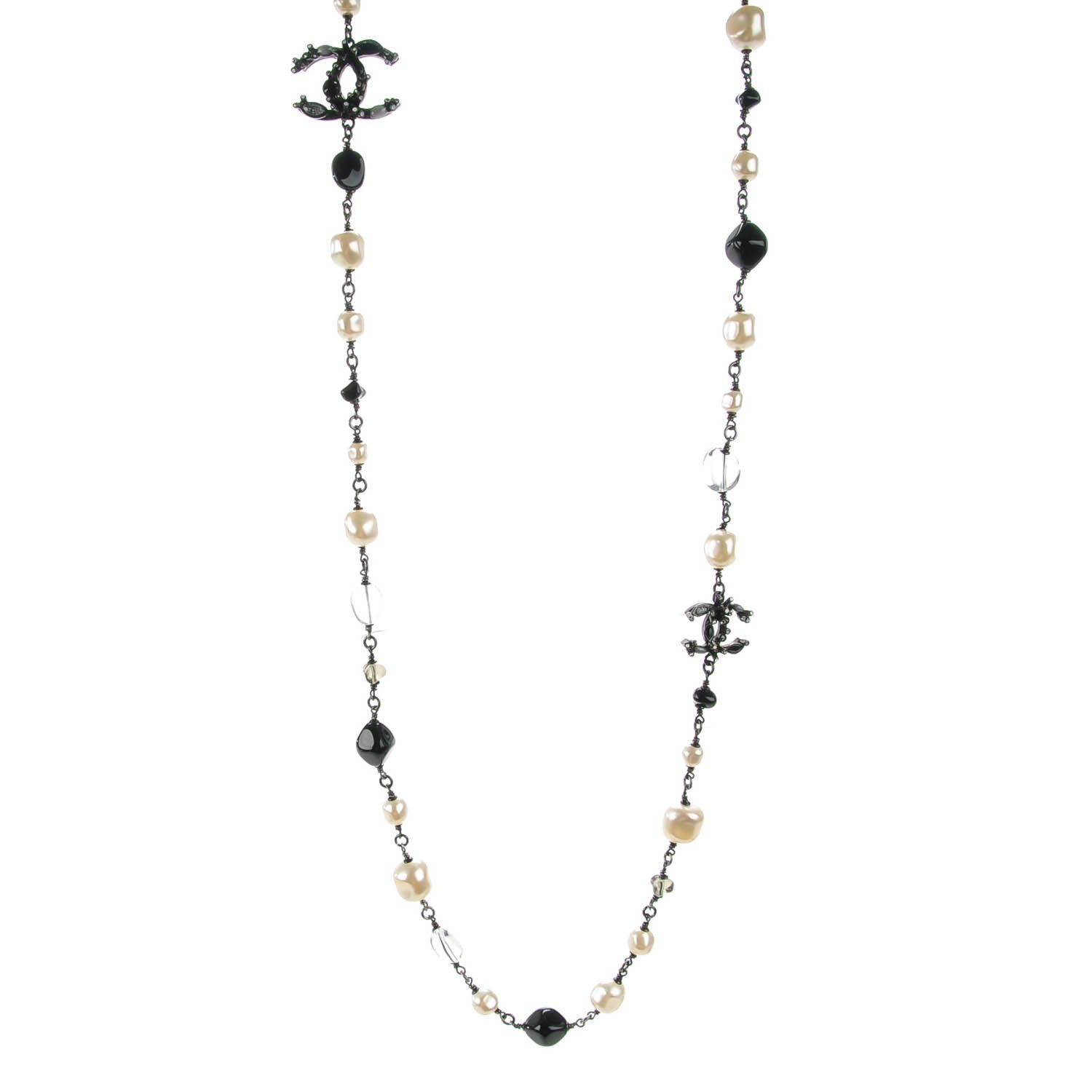 Chanel Pearl Crystal Beaded CC Long Necklace Black 1 of 3