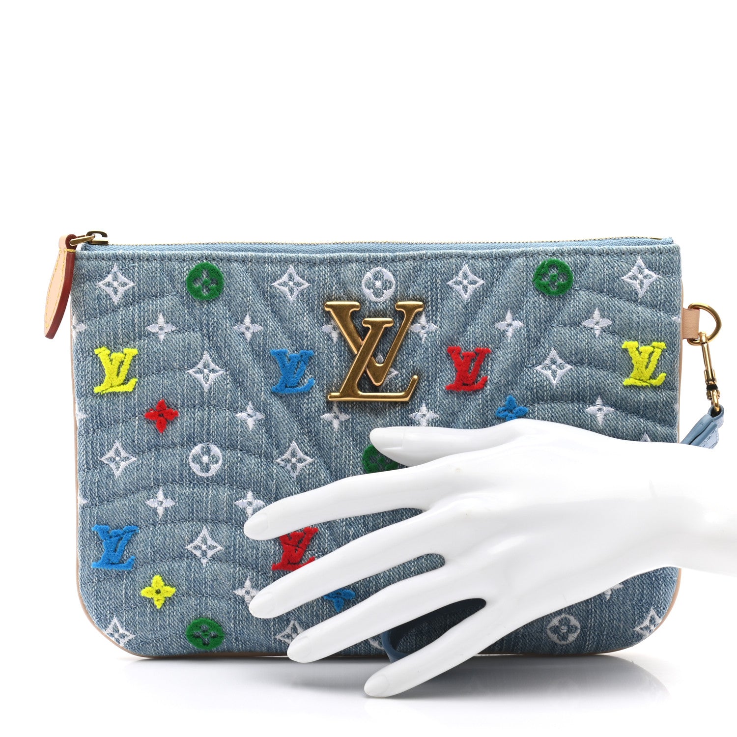 Louis Vuitton Embroidered Monogram Denim New Wave Zipped Pochette Blue 2 of 9