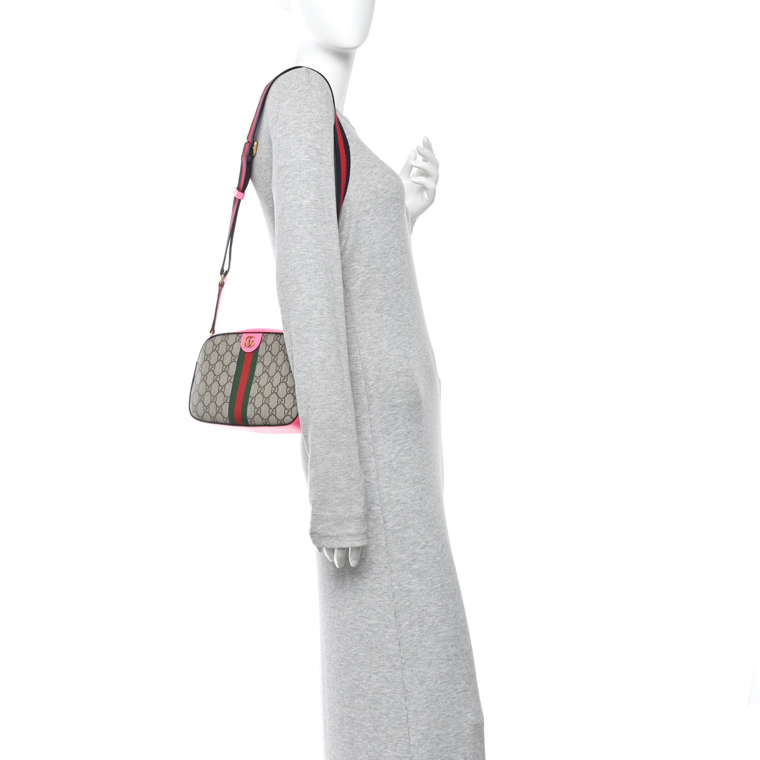 Gucci GG Supreme Monogram Textured Dollar Calfskin Web Ophidia Small Crossbody Bag Beige Ebony Fuchsia 2 of 10