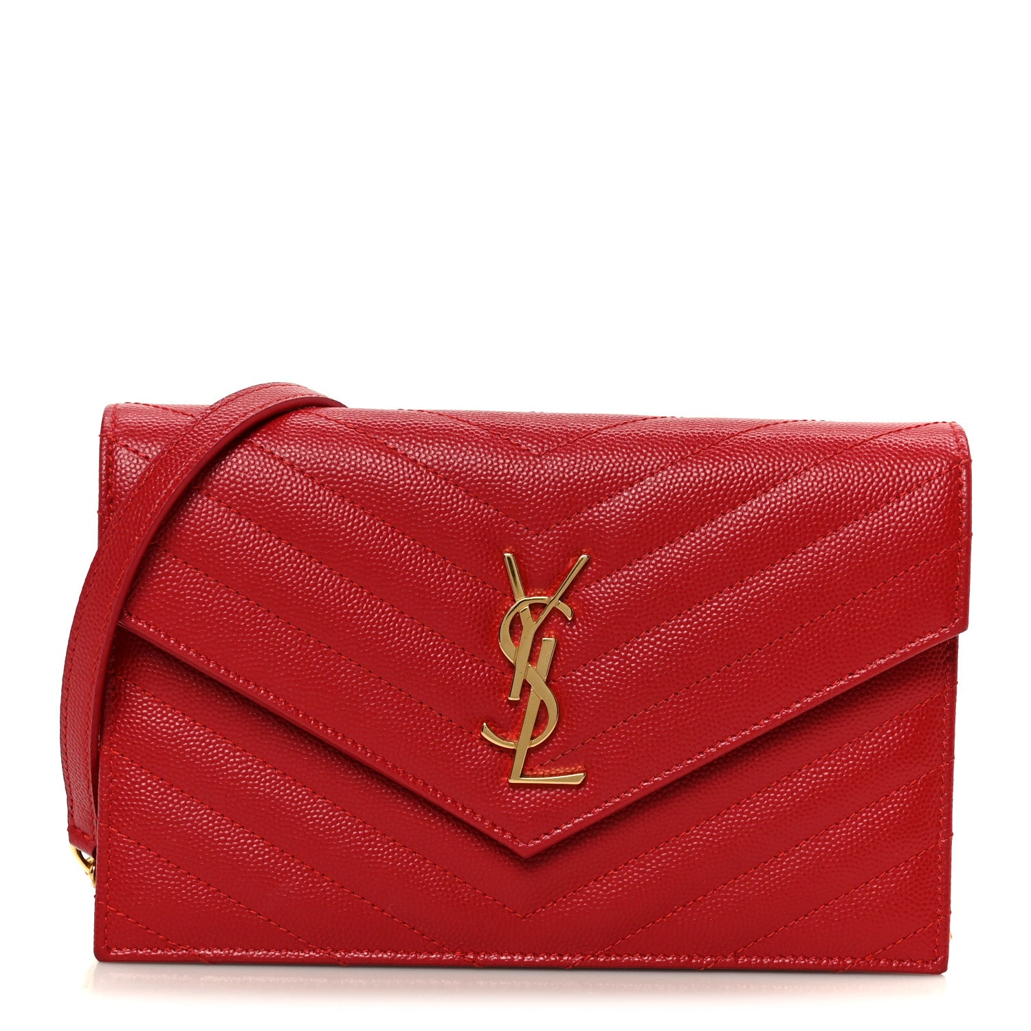 Saint Laurent Grain De Poudre Matelasse Chevron Monogram Envelope Chain Wallet  New Red 1 of 10