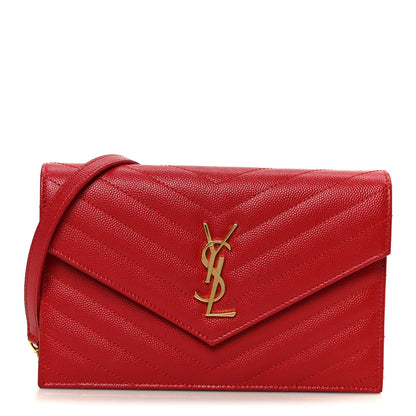 Saint Laurent Grain De Poudre Matelasse Chevron Monogram Envelope Chain Wallet  New Red 1 of 10
