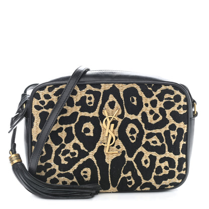 Saint Laurent Raffia Calfskin Leopard Print Monogram Lou Camera Bag Natural Beige Black 1 of 10