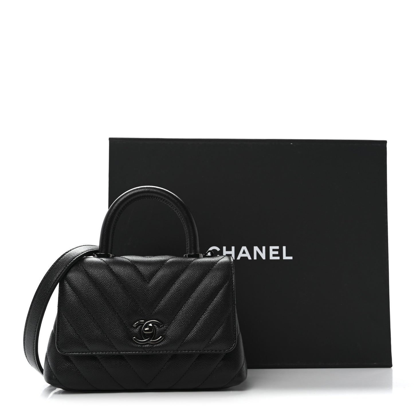 Caviar Chevron Quilted Extra Mini Coco Handle Flap So Black