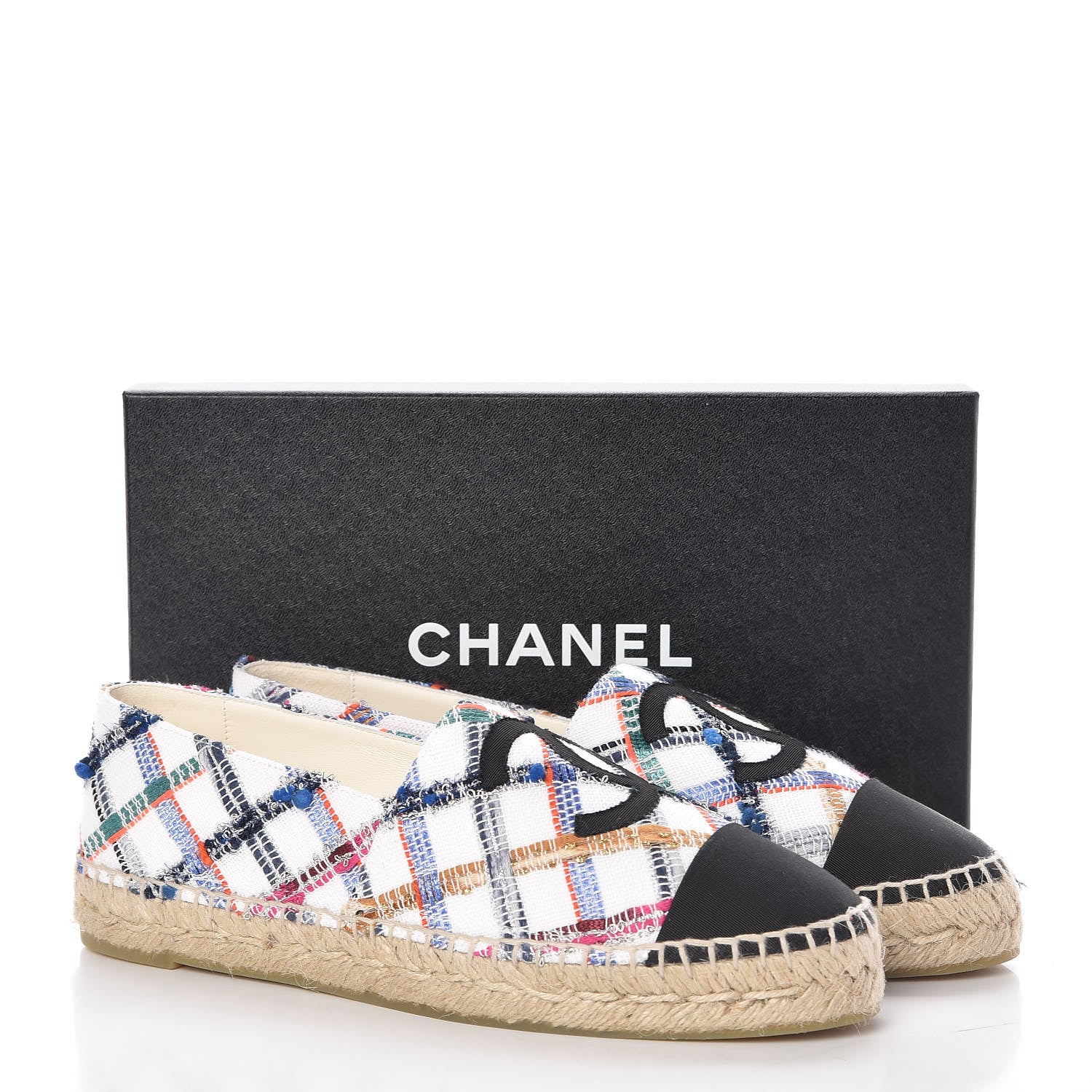 Chanel Tweed Grosgrain CC Espadrilles 41 White Blue Pink Green Black 8 of 8