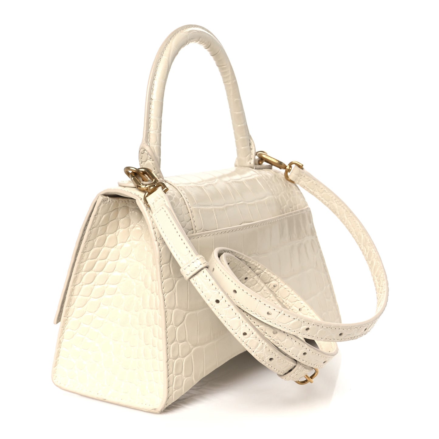 Shiny Calfskin Crocodile Embossed Small Hourglass Top Handle Bag Cream