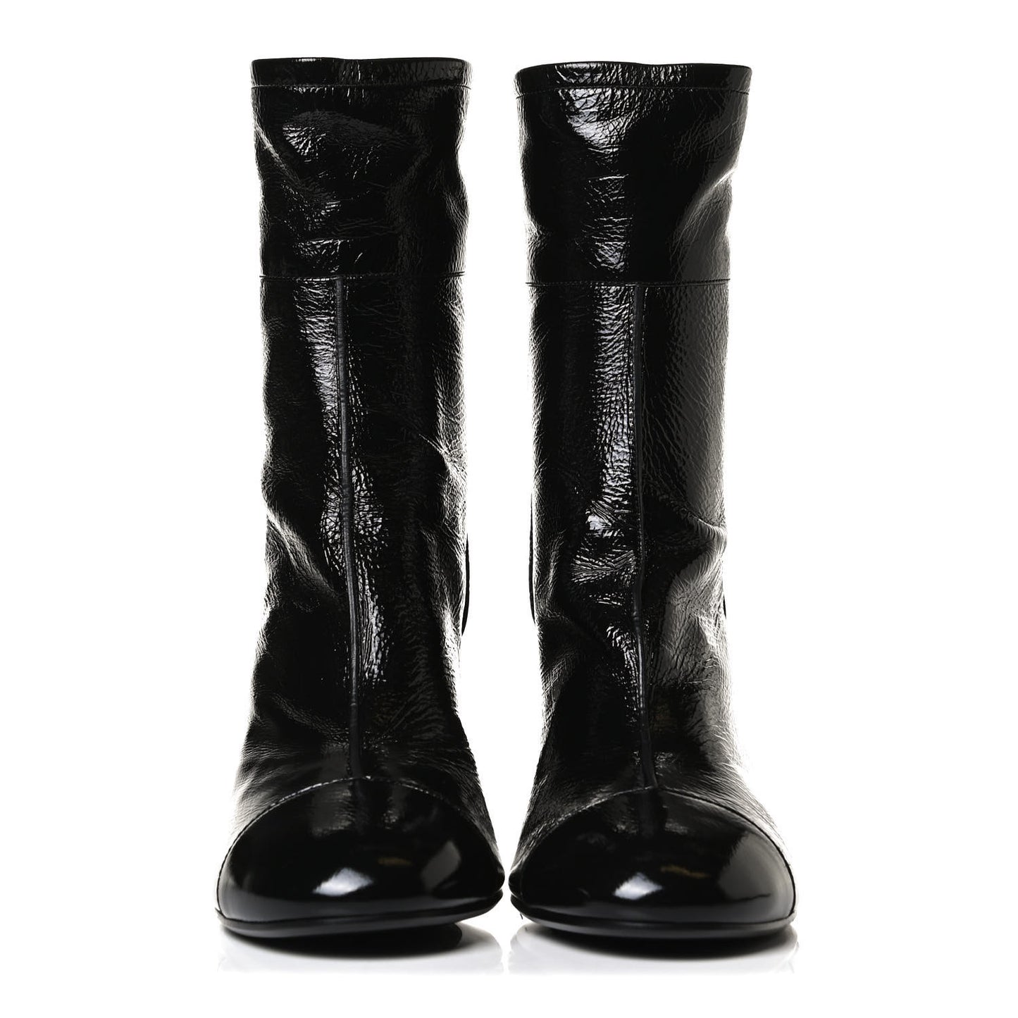 Shiny Crumpled Calfskin CC Cap Toe Short Boots 40.5 Black