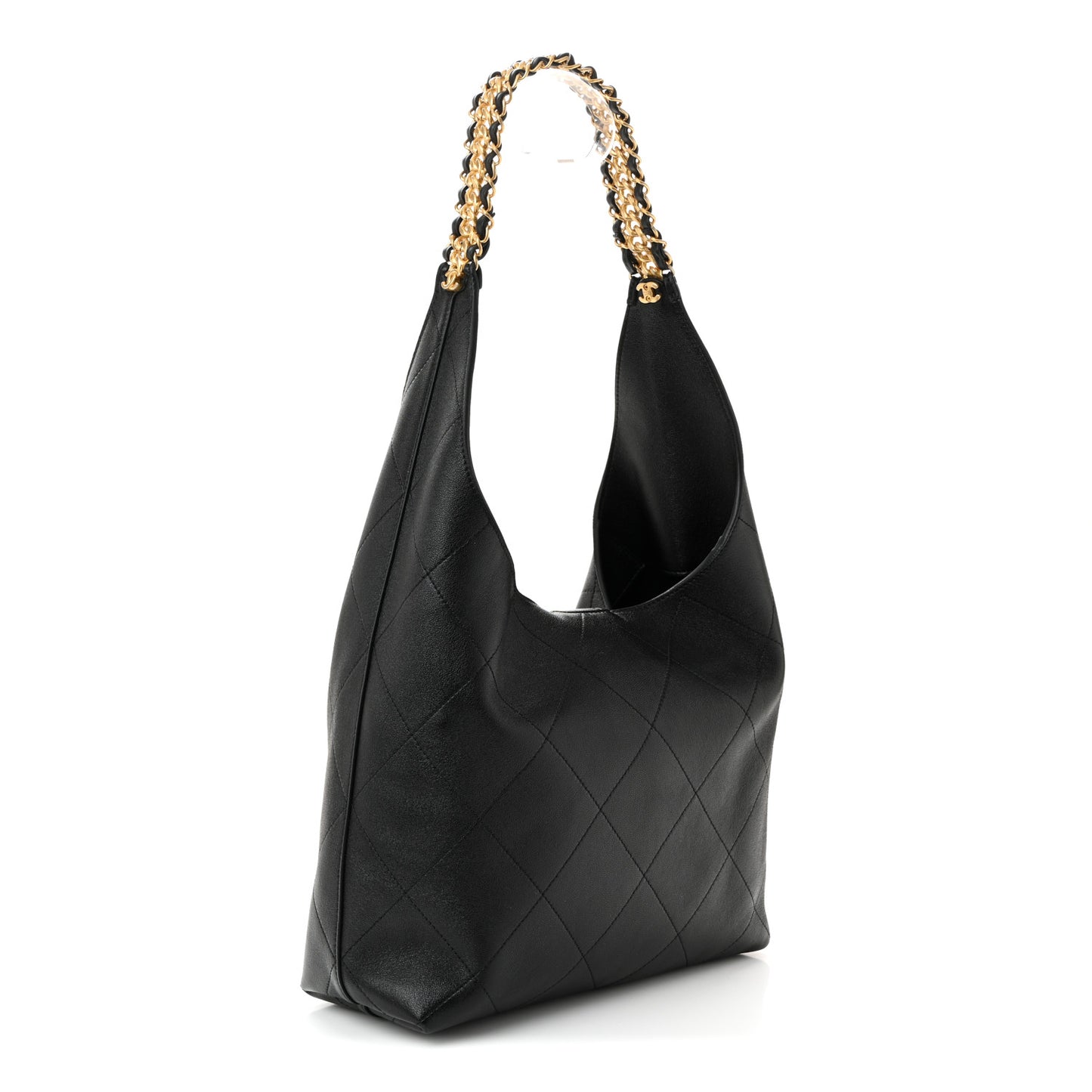 Shiny Lambskin Quilted Medium Hobo Black