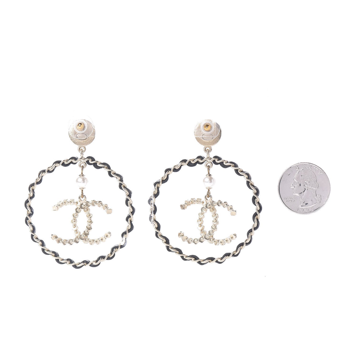 Lambskin Crystal Pearl CC Chain Hoop Earrings Gold Black