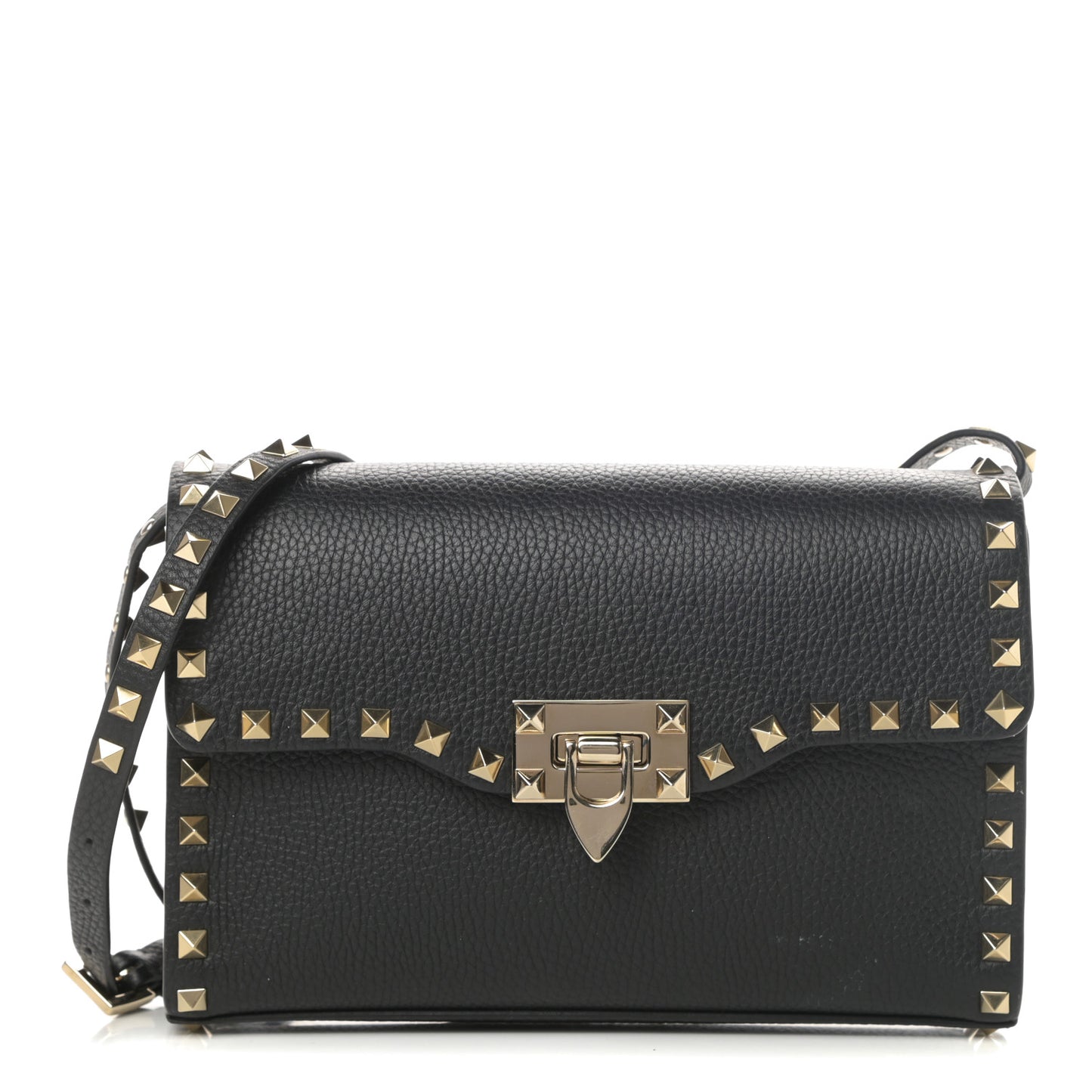 Pebbled Calfskin Medium Rockstud Flip Lock Crossbody Bag Black