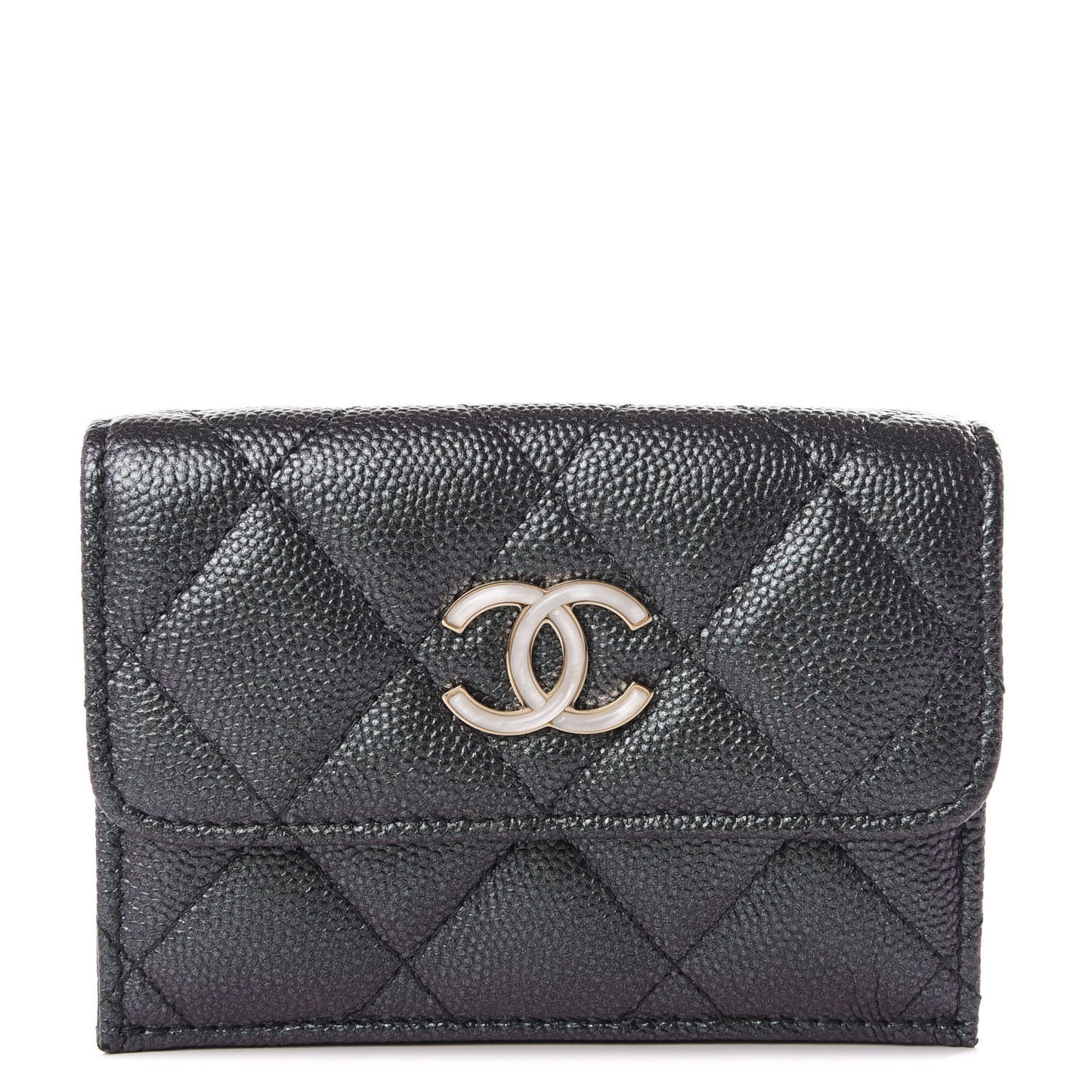 Iridescent Caviar Quilted Double Flap Wallet Black