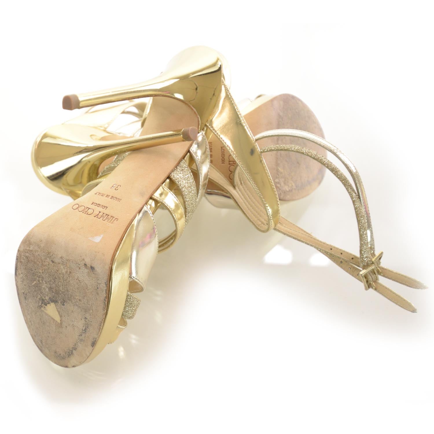 Jimmy Choo Leather Glitter Metallic Buzz Heels 38 Gold 4 of 6