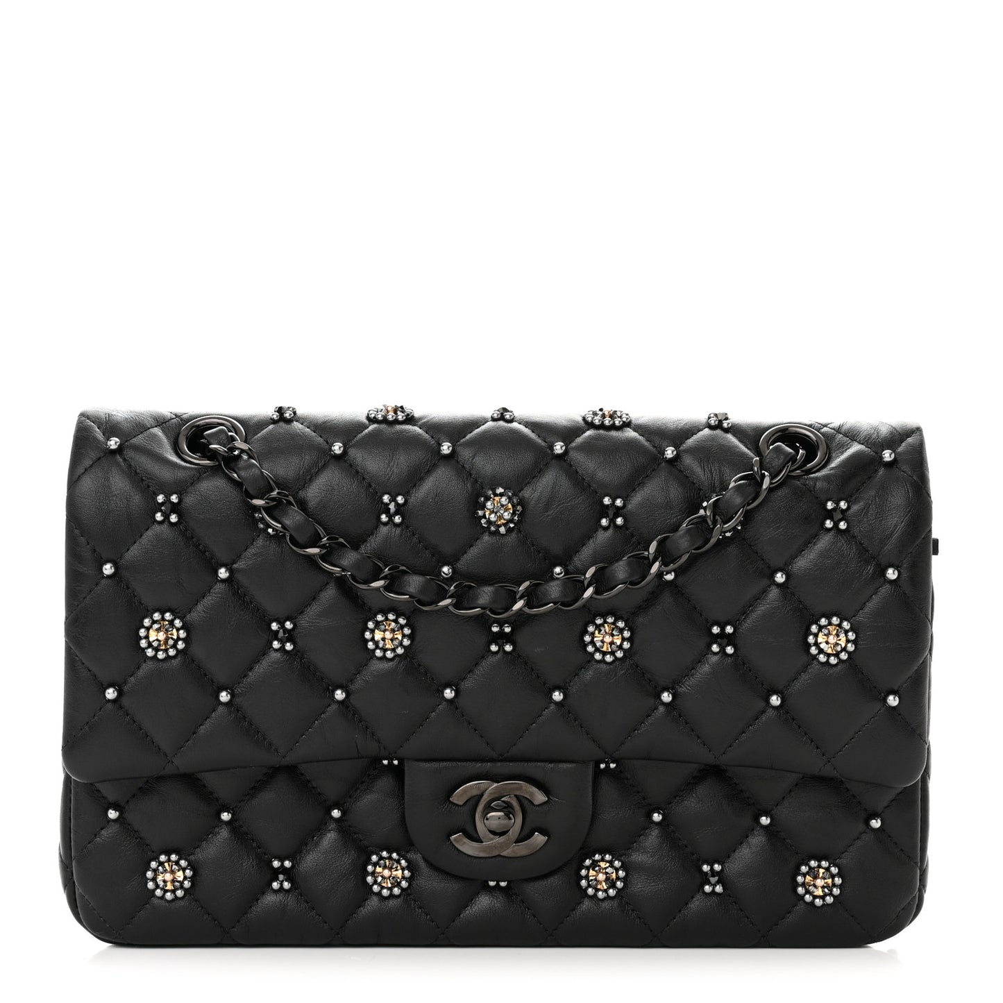 Lambskin Beaded Quilted Flower Double Flap Black