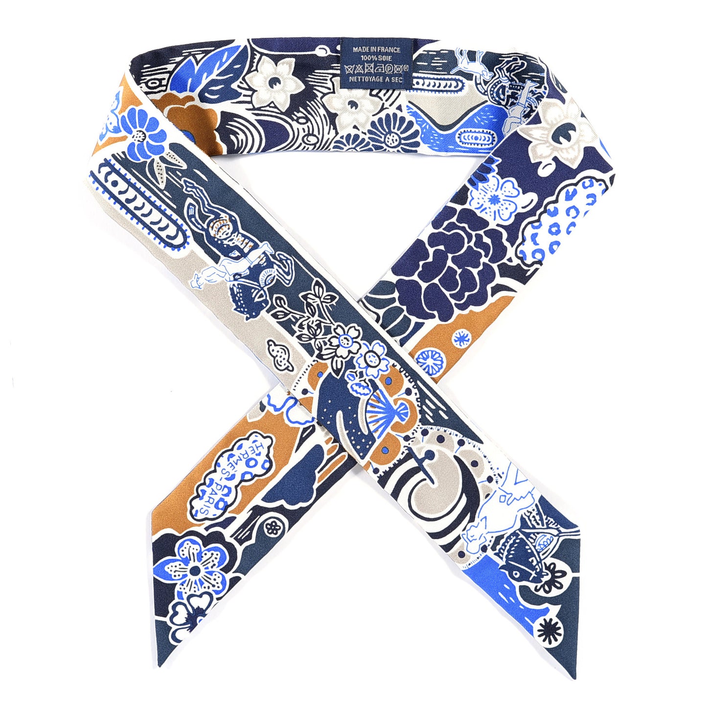 Silk Bingata Twilly Marine Tabac White