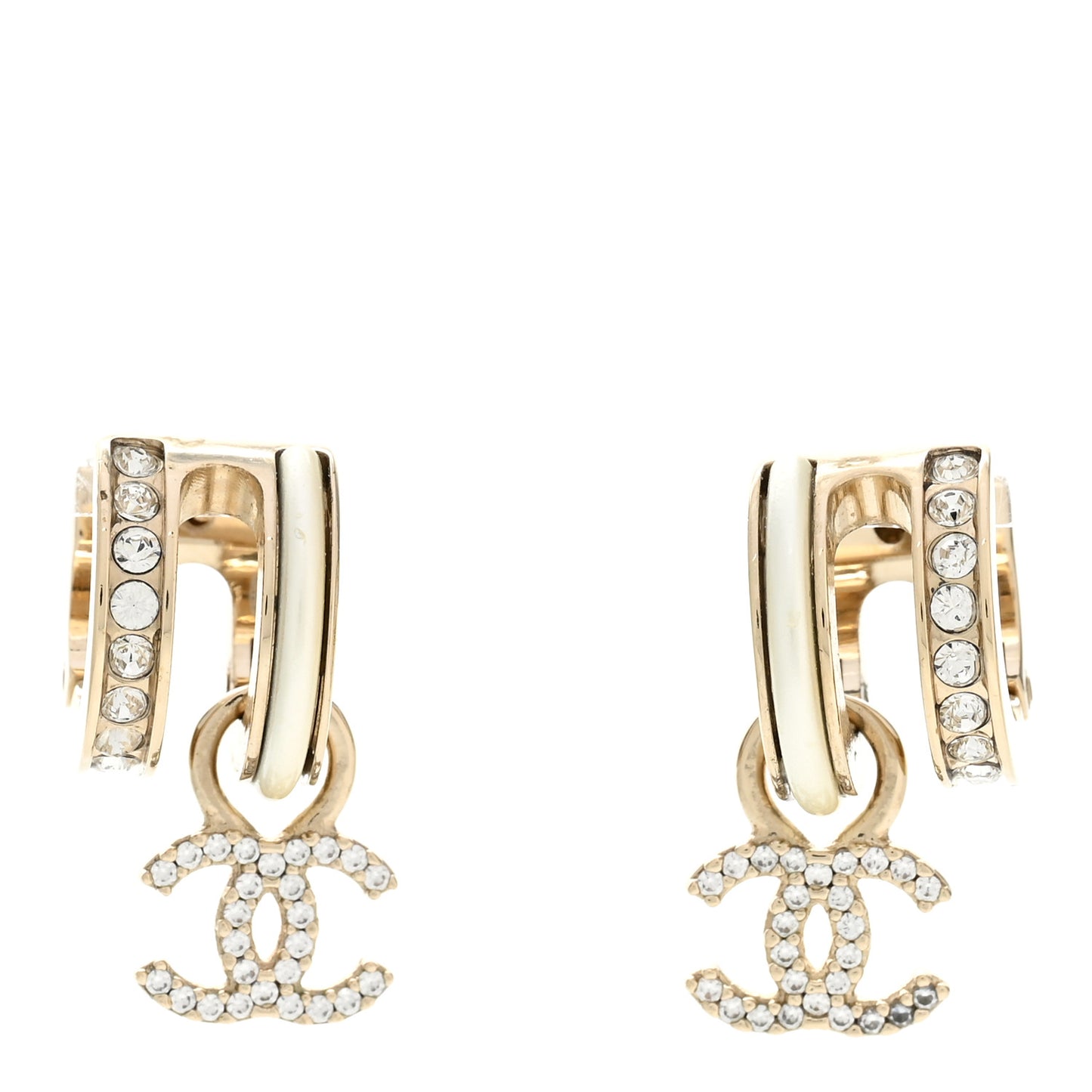 Crystal CC Hoop Drop Earrings Gold Pearly White