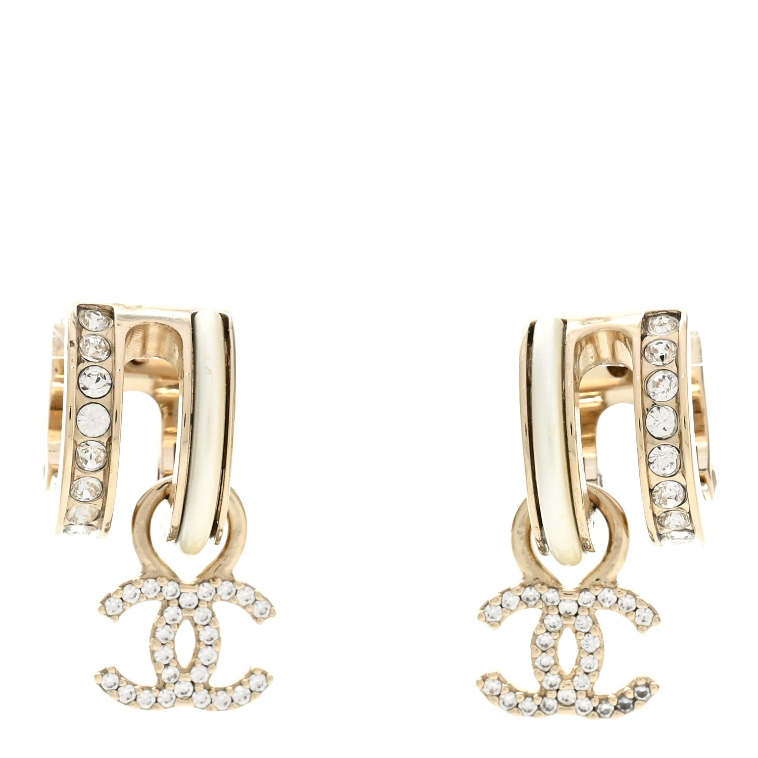Chanel Crystal CC Hoop Drop Earrings Gold Pearly White 1 of 5