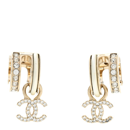 Chanel Crystal CC Hoop Drop Earrings Gold Pearly White 1 of 5