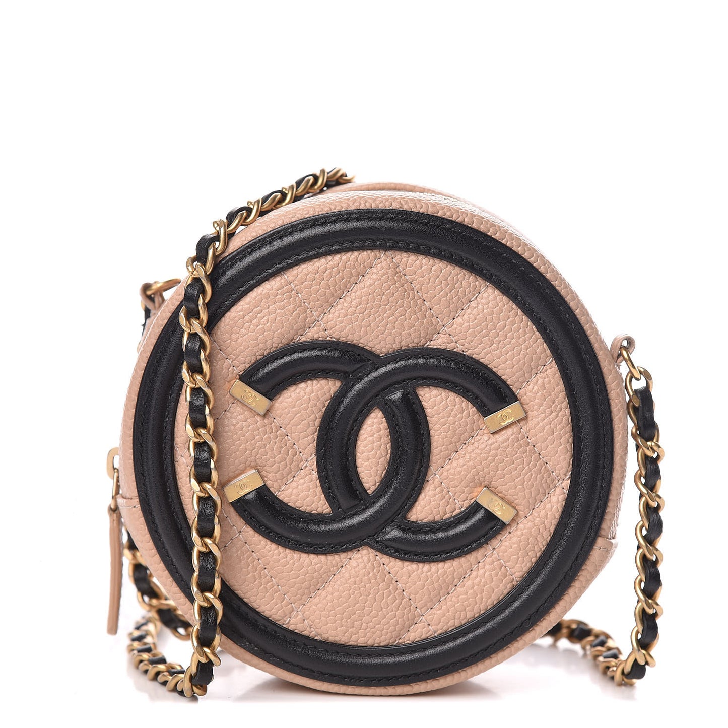 Caviar Quilted Round Filigree Crossbody Beige Black