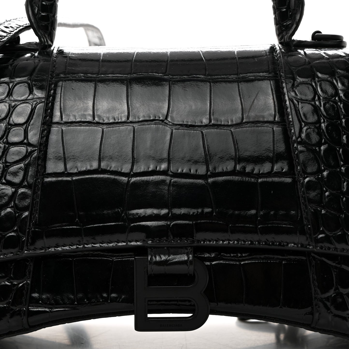 Shiny Calfskin Monochrome Crocodile Embossed Small Hourglass Top Handle Bag Black