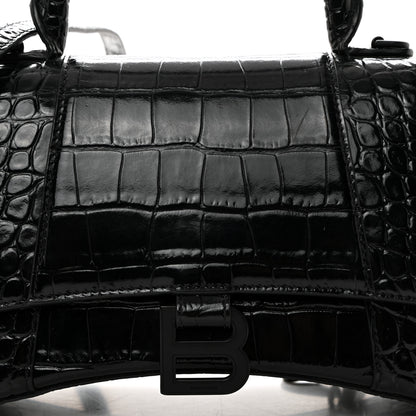 Balenciaga Shiny Calfskin Monochrome Crocodile Embossed Small Hourglass Top Handle Bag Black 9 of 11