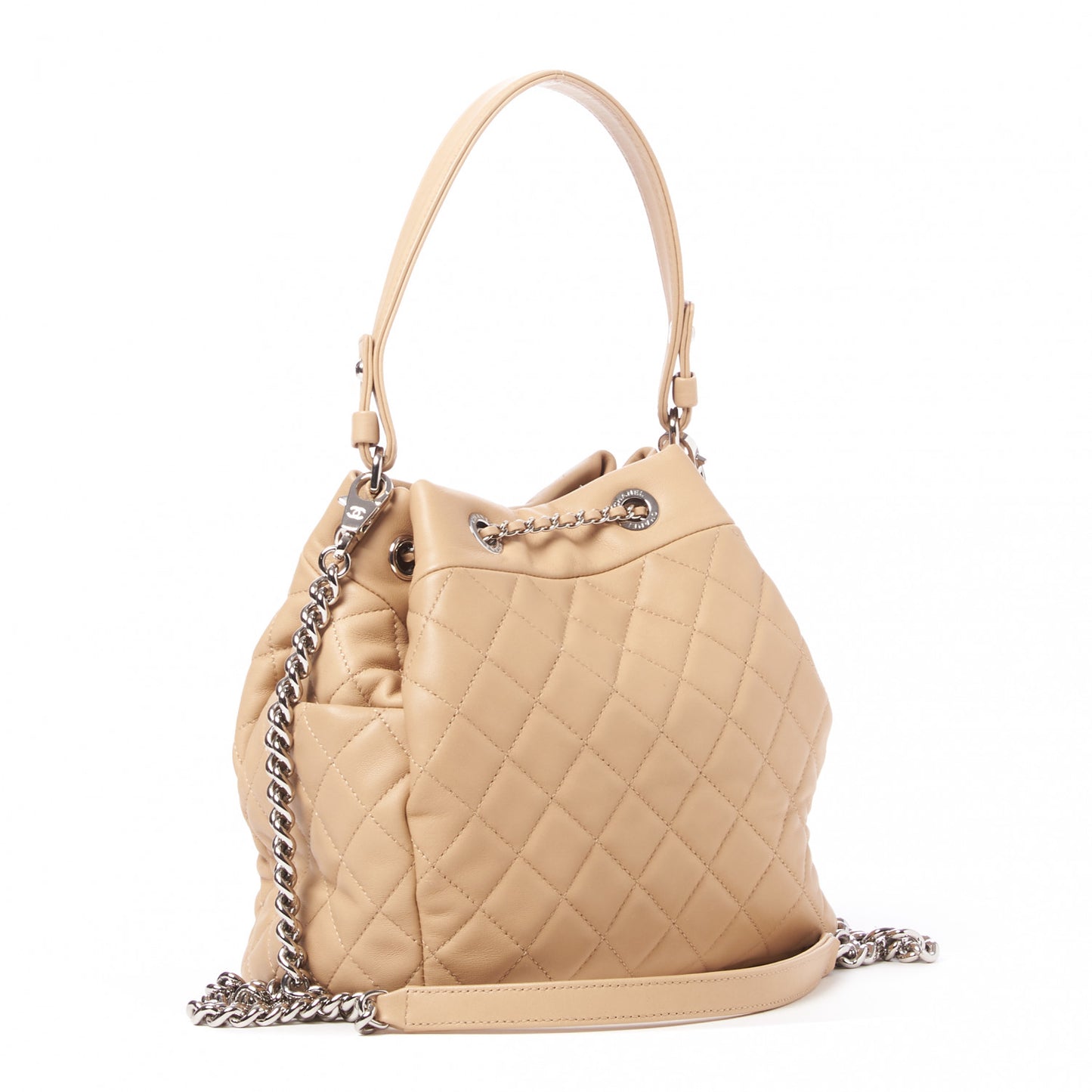 Lambskin Quilted Small CC Chain Bucket Bag Beige
