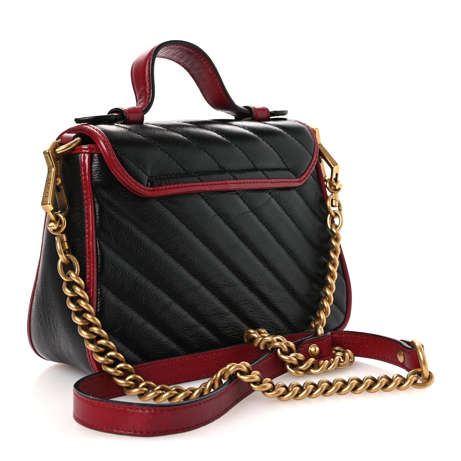 Gucci Vintage Effect Calfskin Matelasse Diagonal Mini Torchon GG Marmont Top Handle Shoulder Bag Black Romantic Cherry 3 of 14