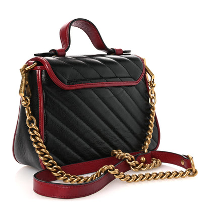 Gucci Vintage Effect Calfskin Matelasse Diagonal Mini Torchon GG Marmont Top Handle Shoulder Bag Black Romantic Cherry 3 of 14